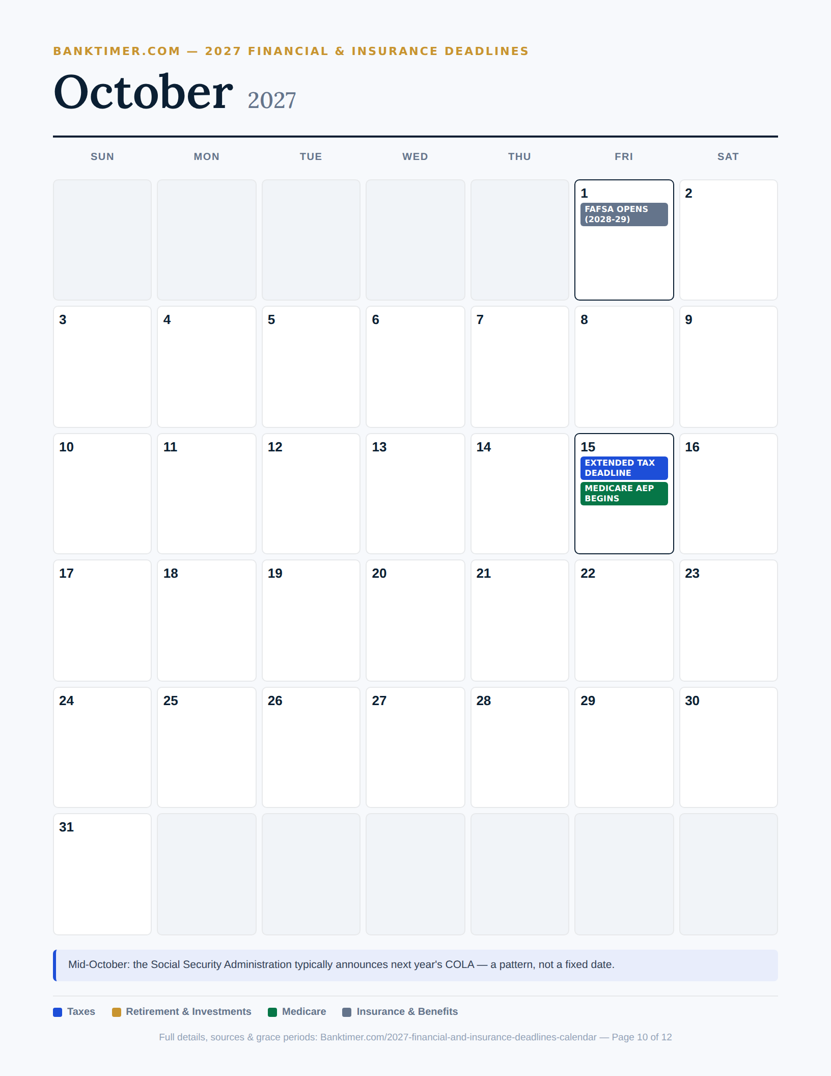 Banktimer 2027 10 october financial deadlines calendar
