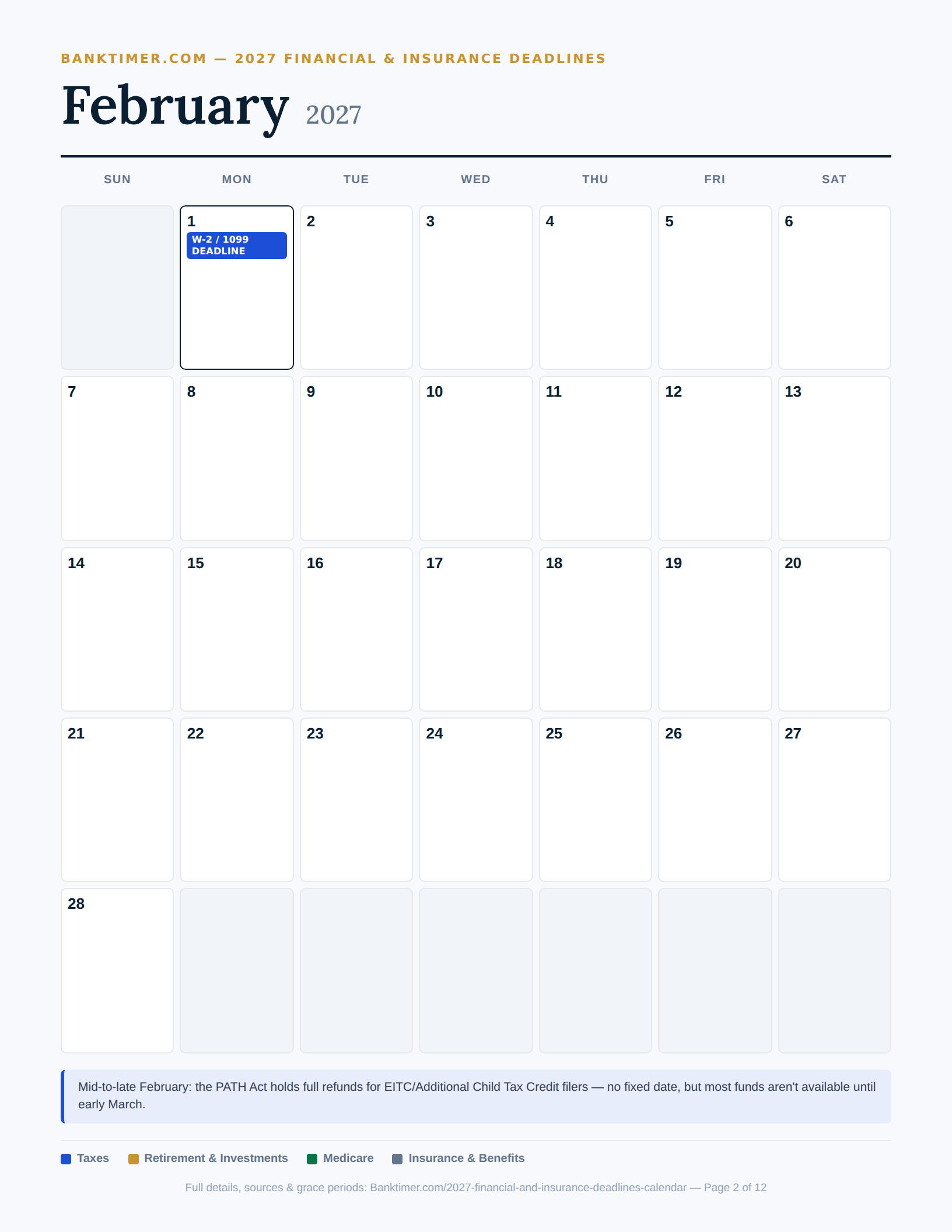 Banktimer 2027 02 february financial deadlines calendar