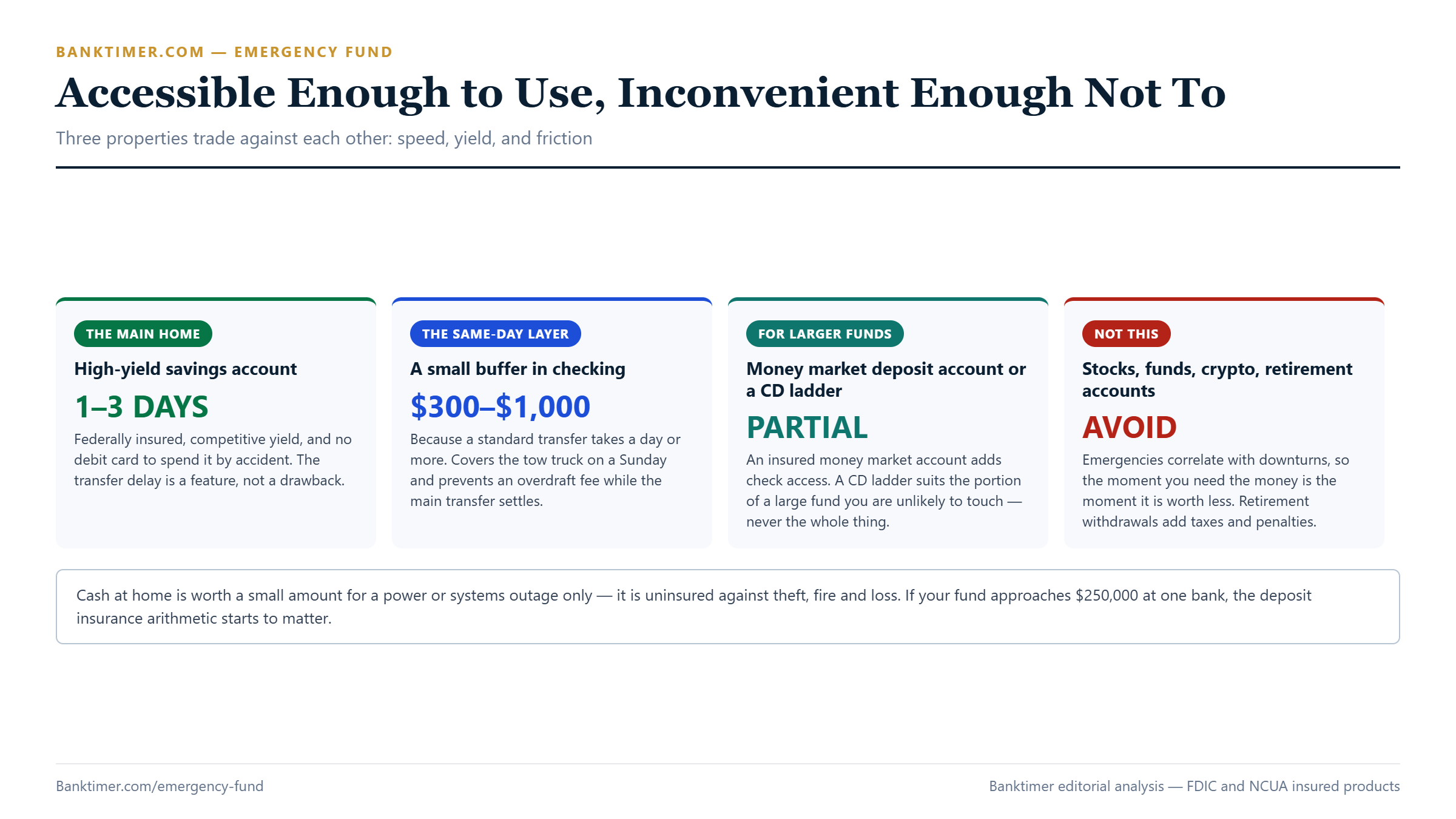 Four cards comparing places to keep an emergency fund: a high-yield savings account, a small checking buffer, a money market deposit account, and what not to use