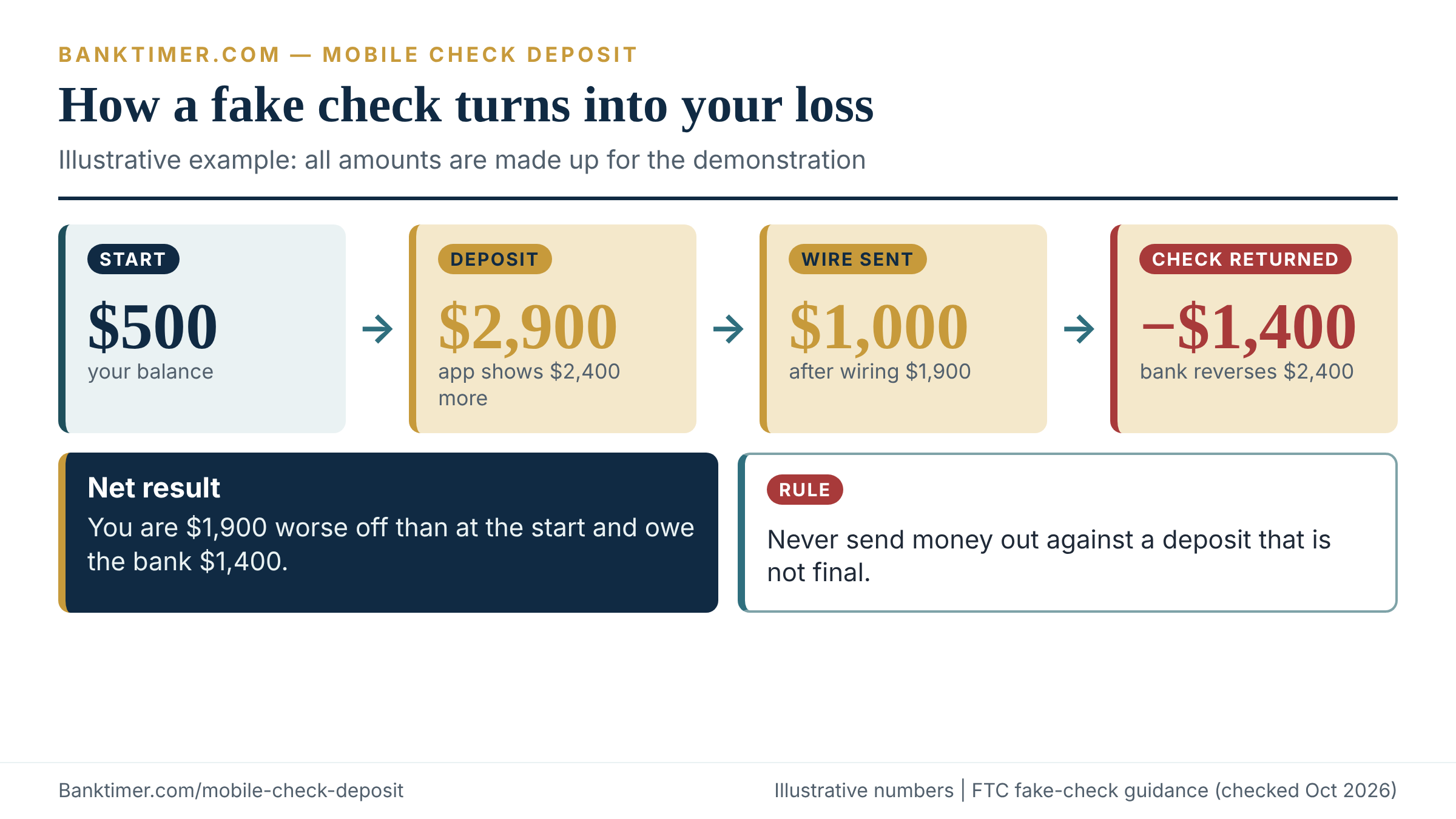 Fake check timeline: deposit credited, wire sent, check returned, balance falling from $2,900 to negative $1,400